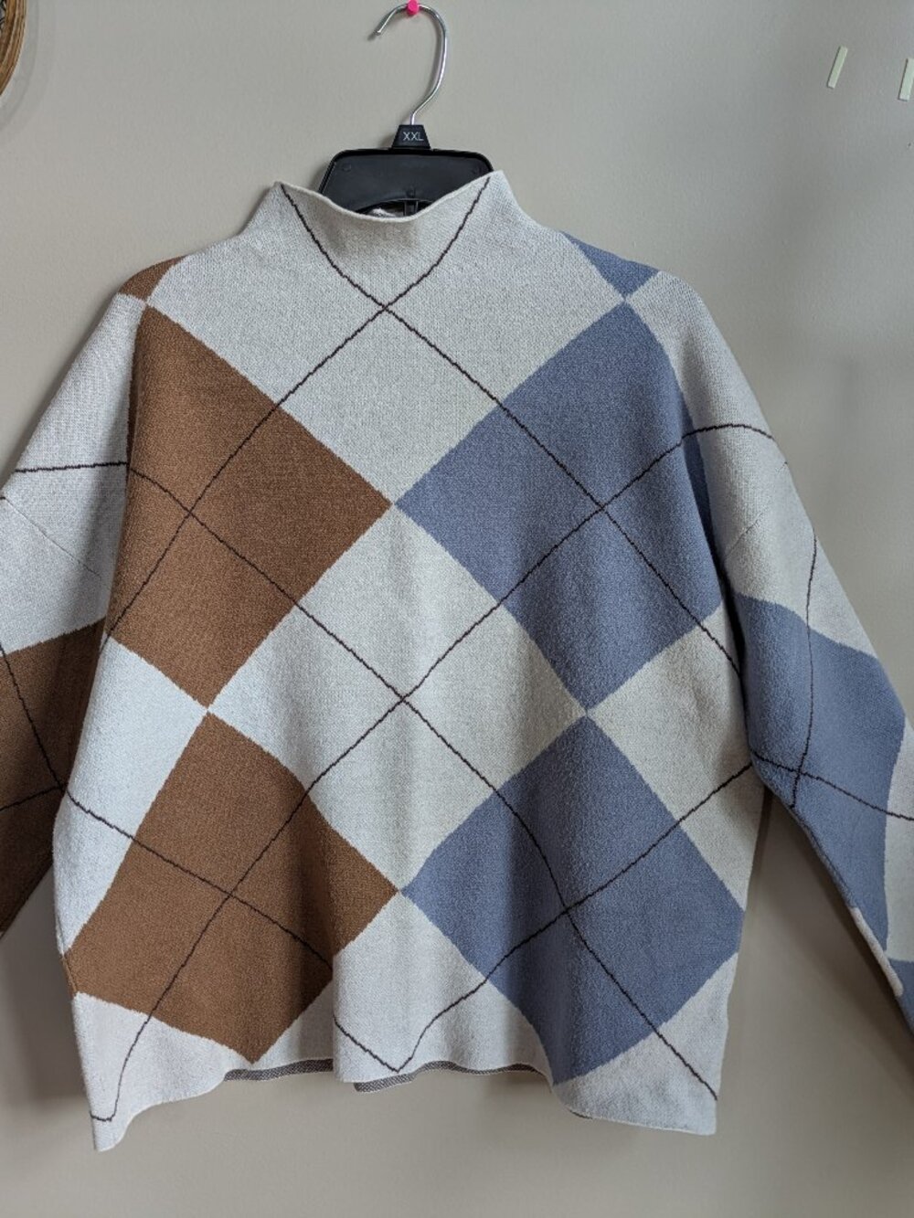 rachel zoe knit argyle mock neck sweater brown blue white size xl #576